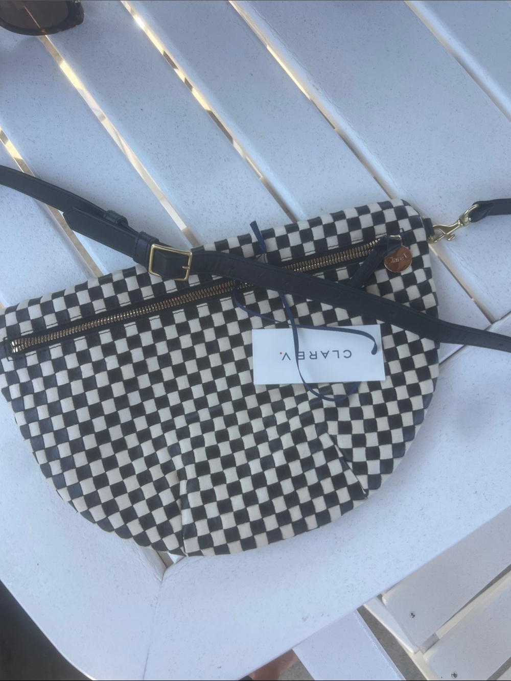 Clare V Black and White Checker Crossbody Bag with Gold Hardware